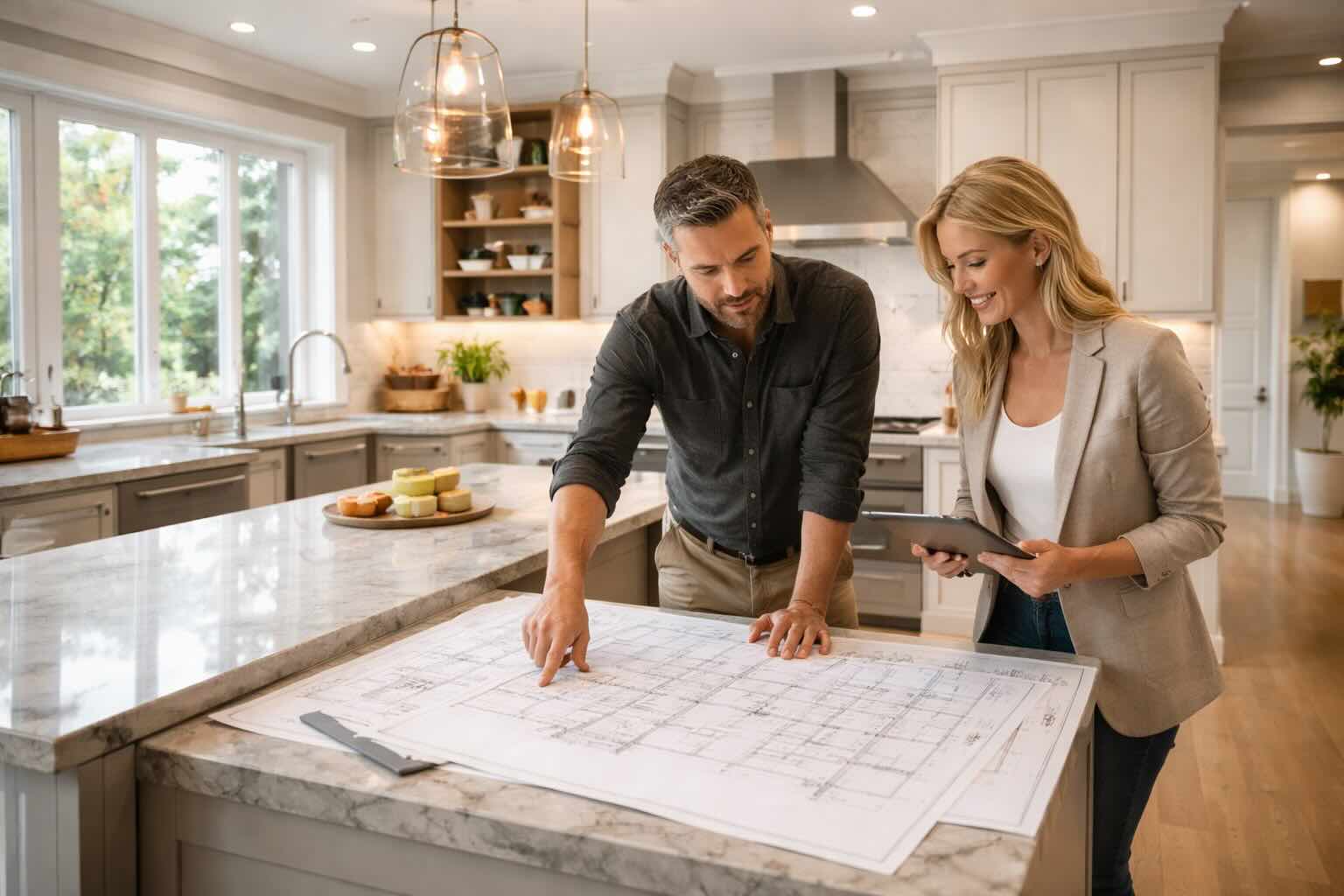Design-build team reviewing plans in a finished remodel space
