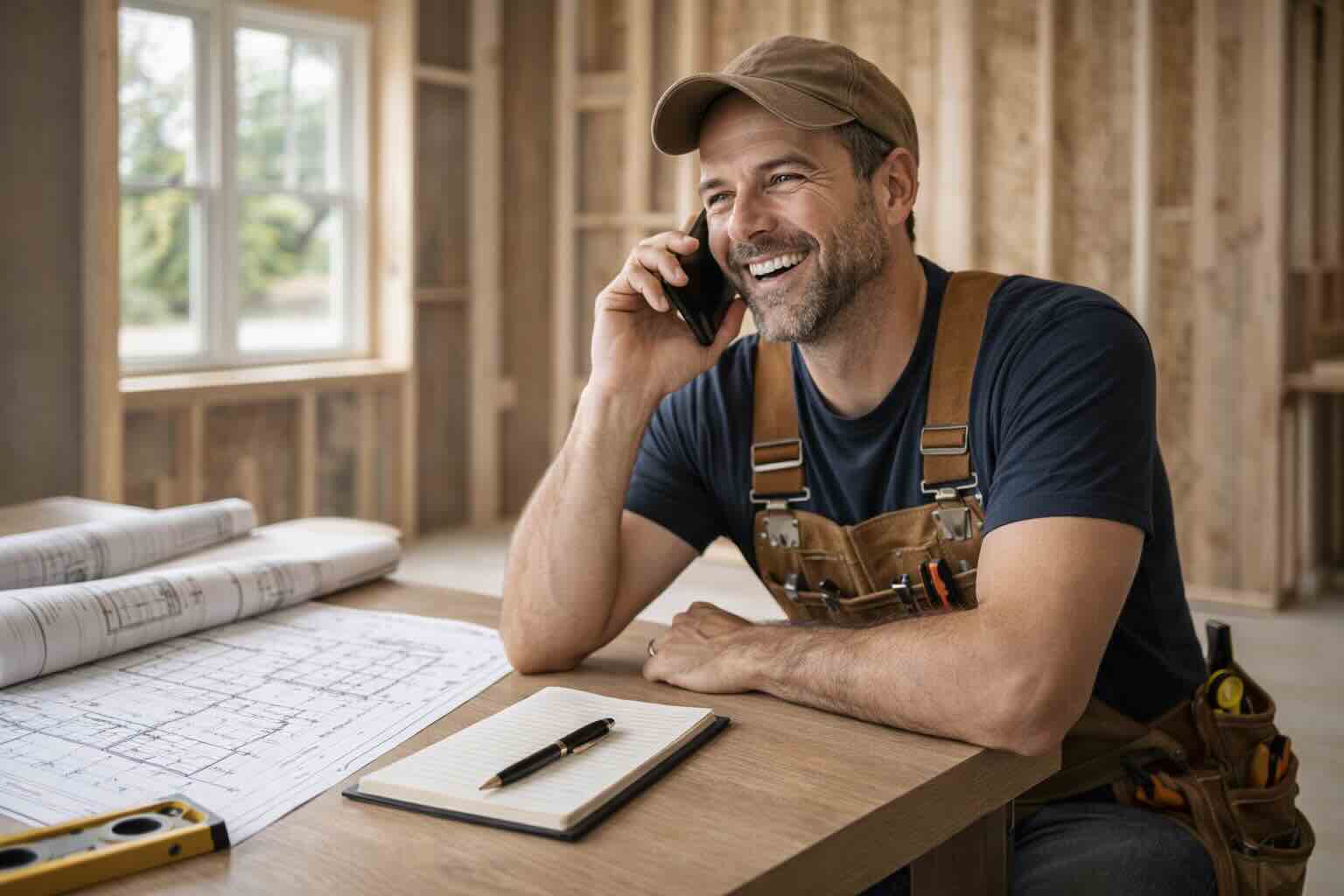 Happy contractor on a phone call, confident about next steps