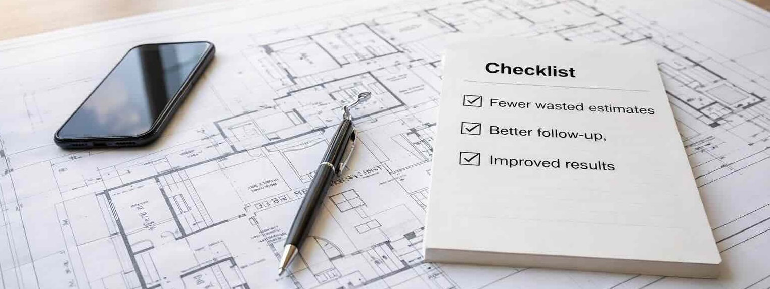 Desk scene with plans, a phone, and a simple checklist representing fewer wasted estimates and better follow up